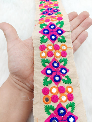 Beige Art Silk Fabric Trim With Pink and Blue Floral Embroidery, Foil Mirror Embroider Trimming, Trim By The Yard
